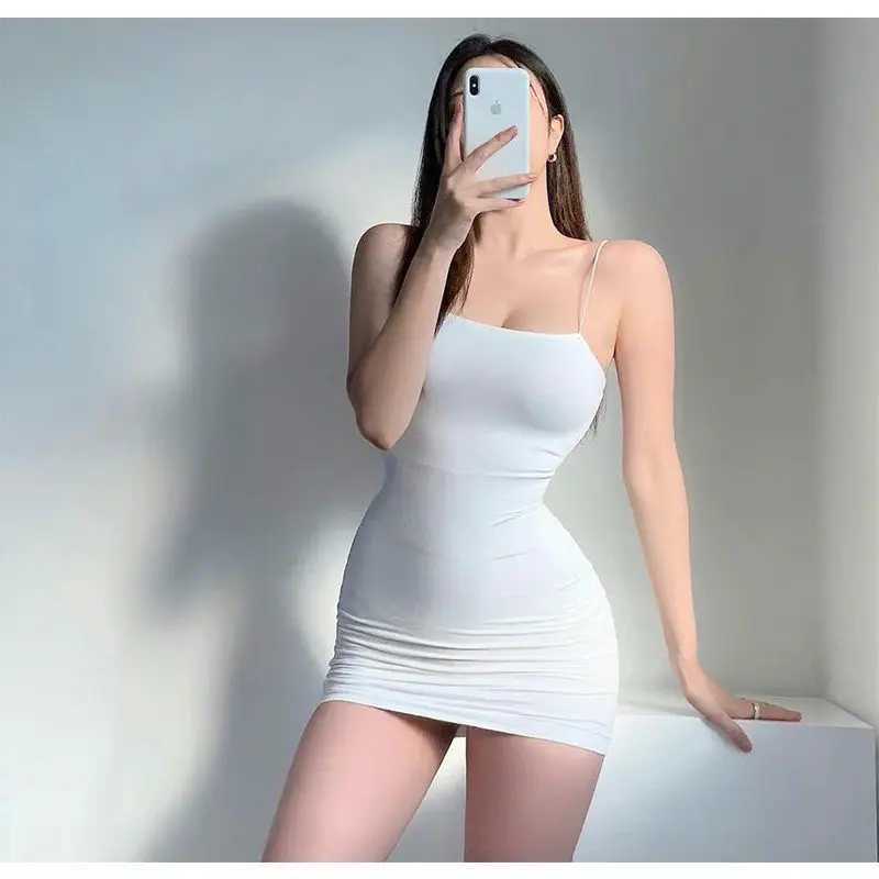 Womens Summer Solid Color Spaghetti Strap Sundress Sexy Mini Camisole Dress Bodycon Sleeveless Black for Club Party M260326