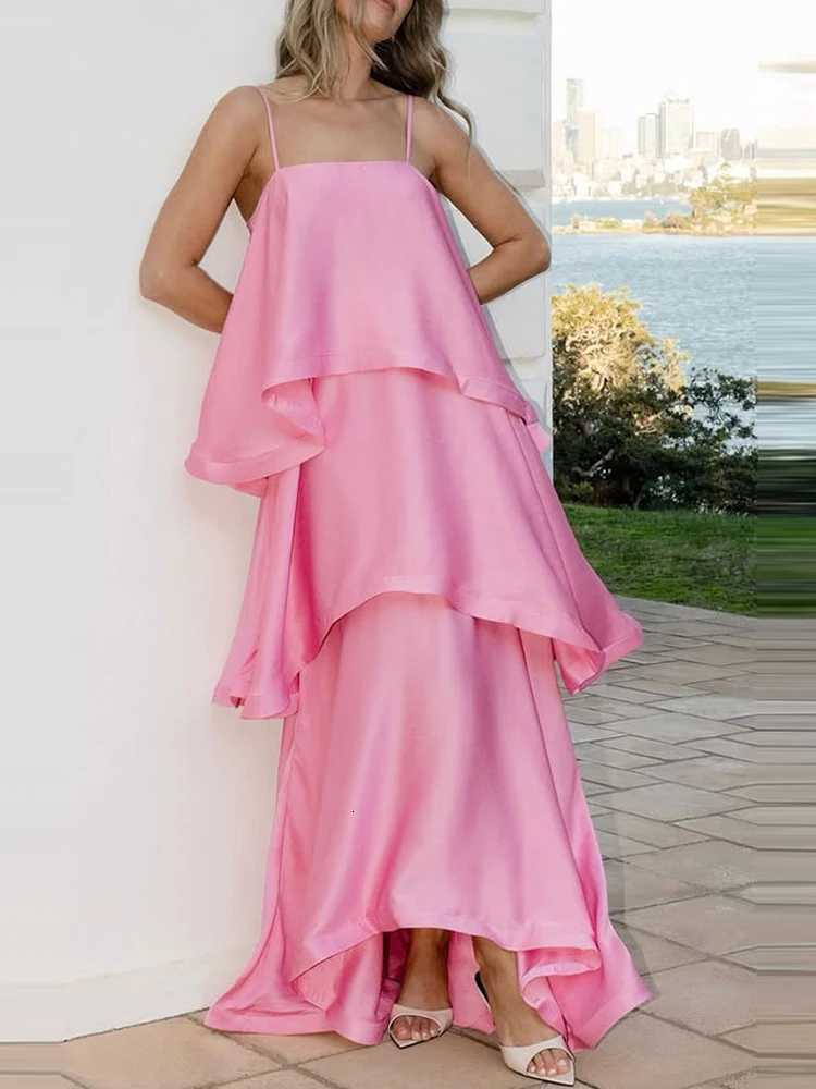 Elegant Womens Sleeveless Ruffles Party A-line Dress Summer Casual Loose Vacation Dress Sexy Solid Color Halter Cake Long Dress X260326