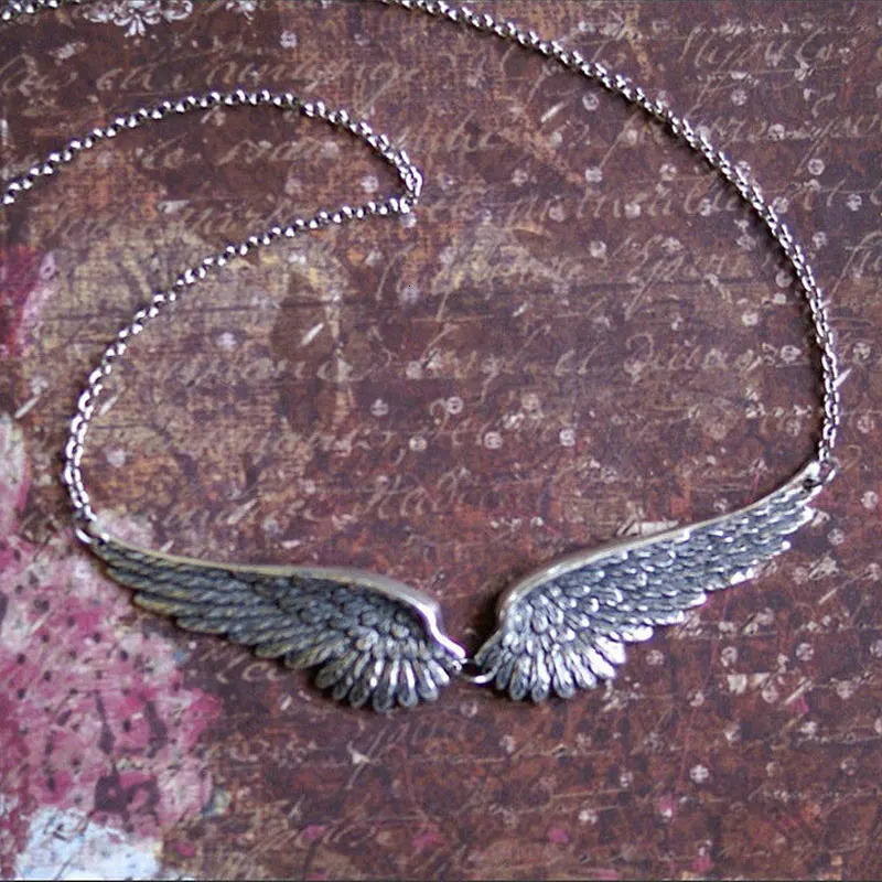 Vintage Silver Color Angel Wings Feather Choker Big Pendant Link Chains Statement Necklace for Women Wedding Tribal Gifts 260325
