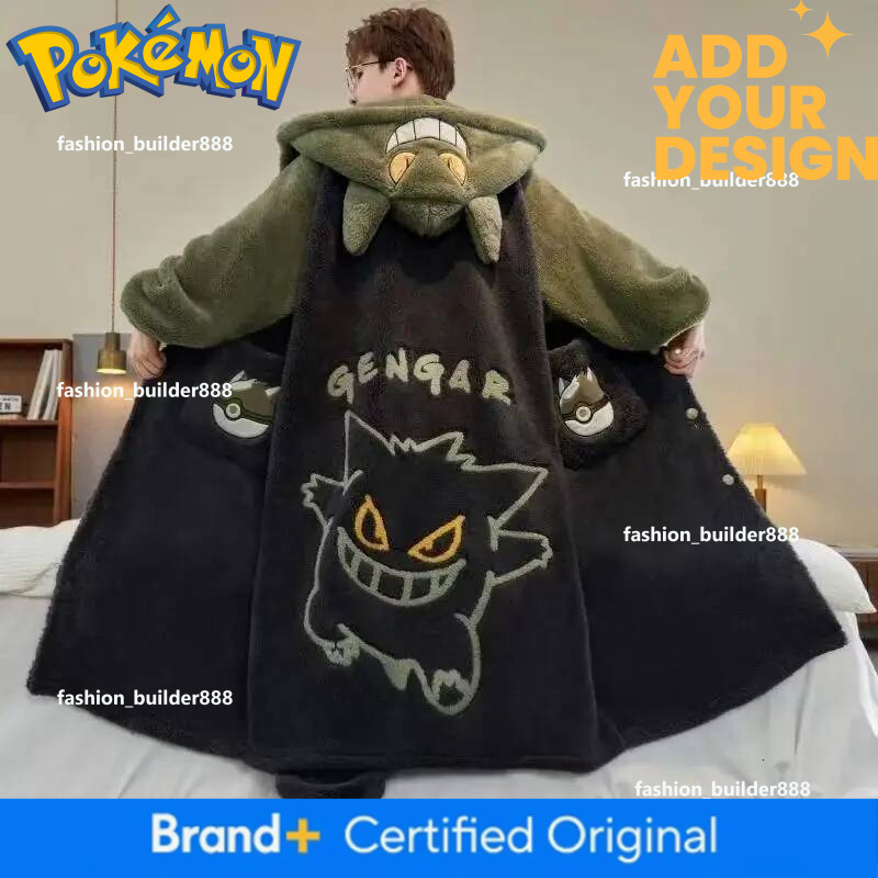Gengar Winter Pajamas Suit Anime Pokemon Men Coral Fleece Nightgown Large Size Thicken Warm Cartoon Hooded Home Clothes Set Gift