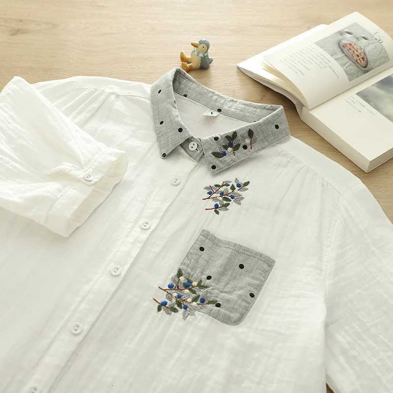 New 2025 Autumn Cotton Yarn Half Sleeve Shirt Women Turn-down Collar Embroidery Mori Girl Retro Casual Loose Blouse T56292CC C260326
