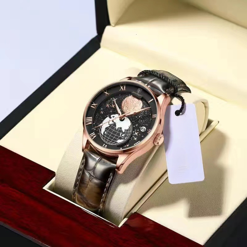Waterproof Men's Wristwatch, Casual Quartz Watch with Luminous World Map Dial, Complete Calendar, 30 m Water Resistance, 41 mm Rose Gold-Tone Case, Br