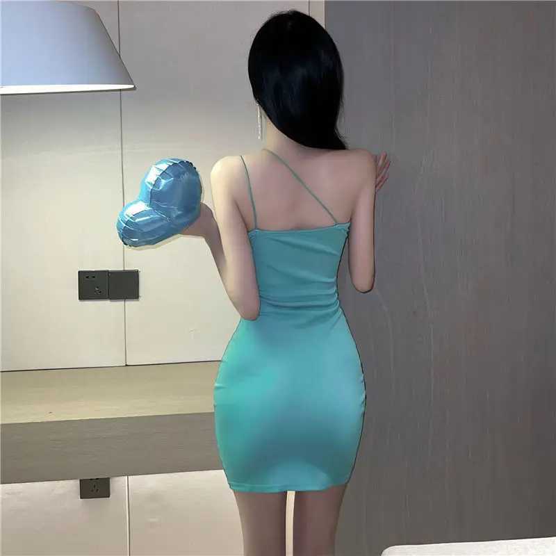 Summer Women Concise Solid Color Party Dress Lady Special Designer Slim Fit Suspender Skirts Female Fashion Cyan Halter Dress M260326