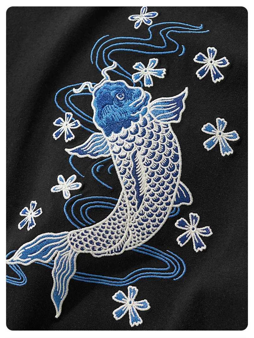 260g Heavy Embroidery Carp T-Shirt Men Summer Cotton Breathable Casual Tops Male Plus Size Short Sleeve Tee C260326