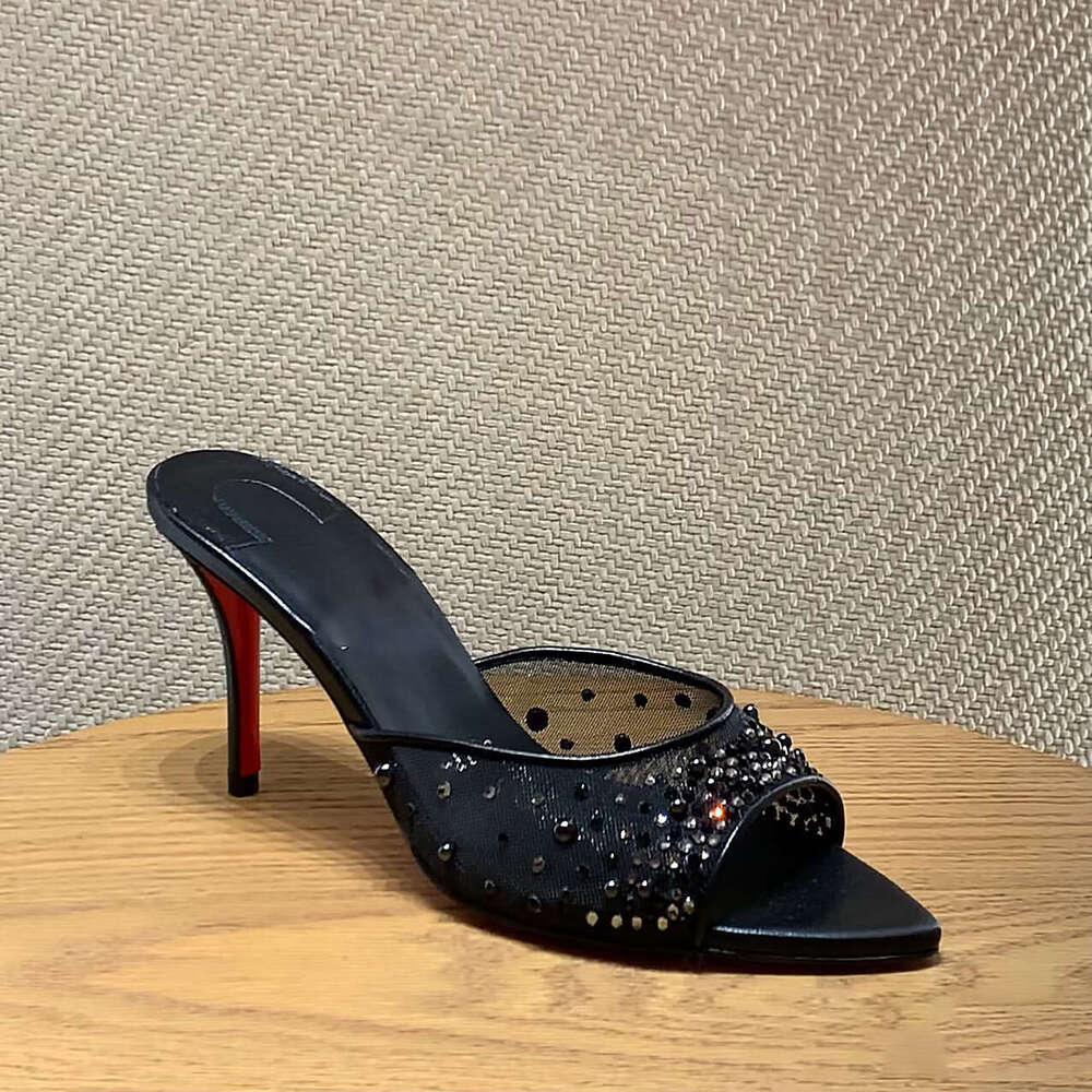 Mesh rhinestone pearl for women, thin heel pointed toe red sole high heels, nude crystal slip-on sandals c02
