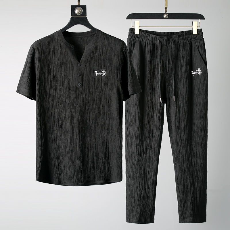 Luxury Brand Designer Clothes High Quality Ultra-Thin Short-Sleeved Ice Silk Linen Suit Men's Summer Plus Size Loose Medium-Sleeved T-Shirt Cotto