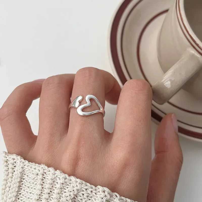 Real 925 Sterling Silver Hollow Heart Opening Adjustable Rings for Women Cute Fine Jewelry Minimalist Asymmetric Accessories H260327