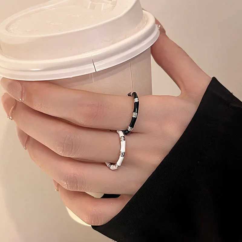925 Sterling Silver Luxury Jewelry Black White Bamboo Adjustable Rings For Women Couple Accessories Wholesale Jewellery H260327