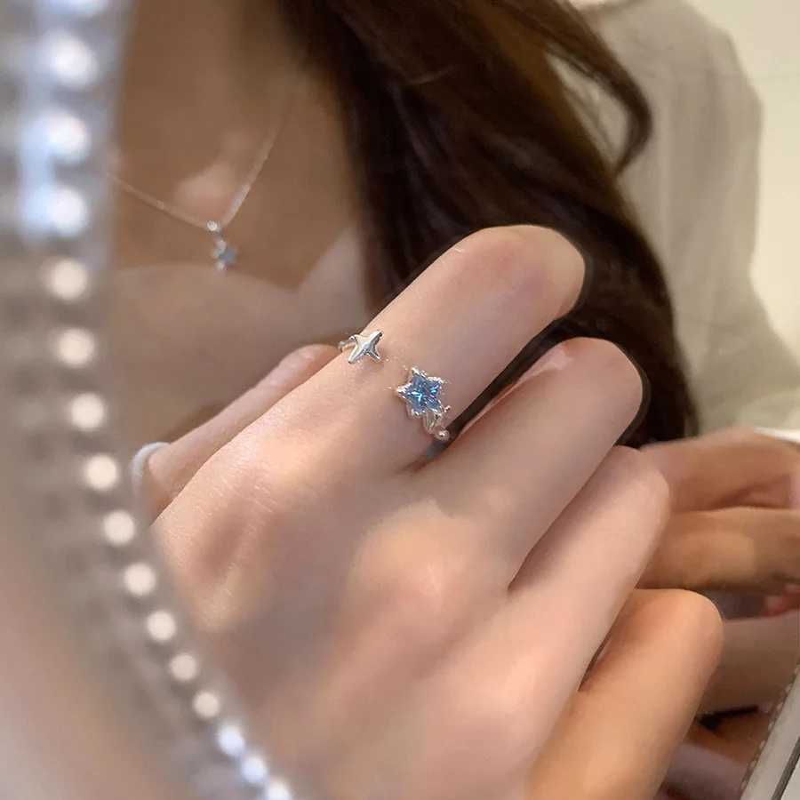 PANJBJ 925 Sterling Silver Stars Ring For Women Blue Crystal Opening Sweet Romance Irregular Versatile Jewelry Gift Dropshipping H260327