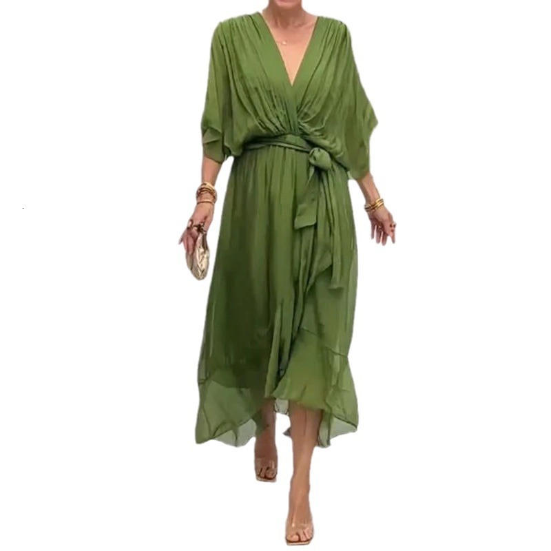 Womens Casual Dresses Woman Clothing Batwing Sleeve Summer Womens Dress European Solid Color Tie Waist Irregular Midi Dress Designer Lady Plus Size Fa
