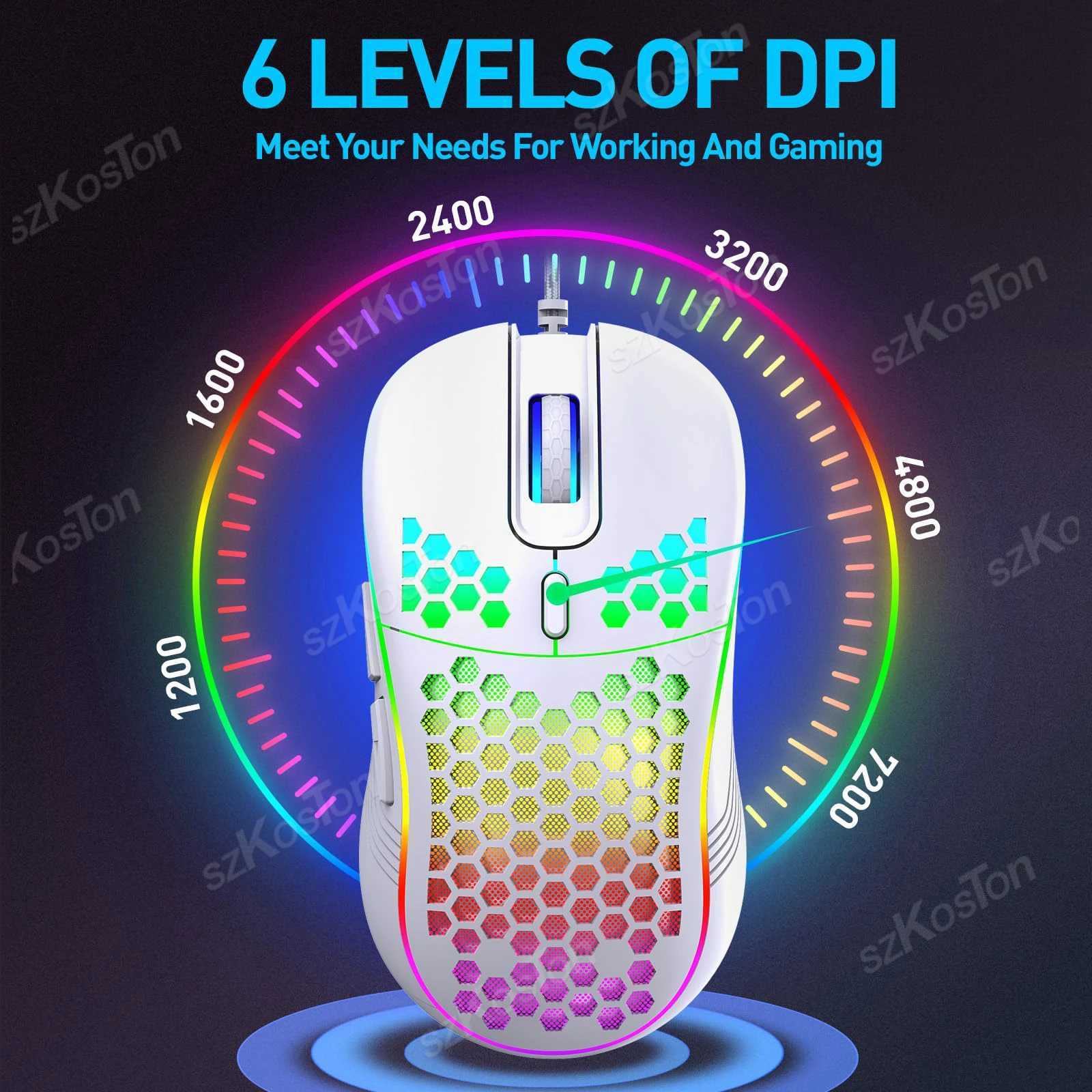 Honeycomb Wired Gaming Mouse RGB Backlight 7200 Adjustable DPI Ergonomic USB Computer Mice for Windows PC Laptop Gamers D260327