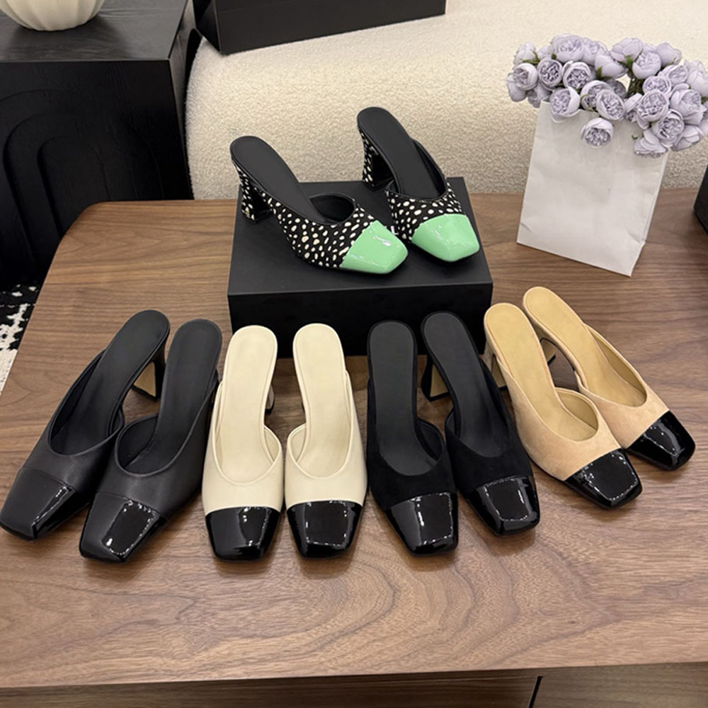 top quality Real Leather Simple Mules sandals Square toe High-heeled Slipper Chunky Block heels Slides womens Luxury Designer Evening Office shoes Size 35-42