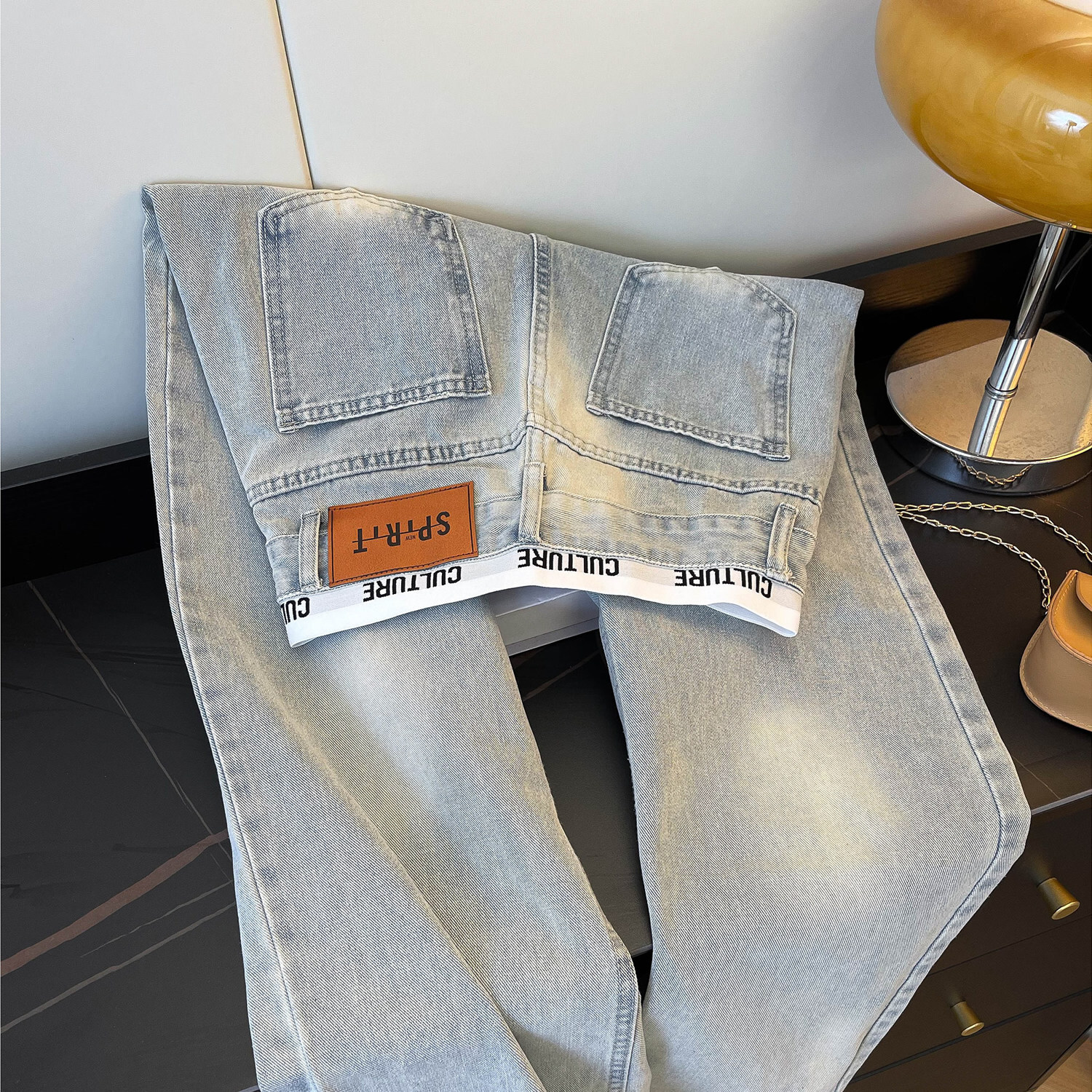 Luxury Brand Designer American retro patchwork distressed jeans for women new spring and autumn style light blue high-waisted slimming loose wide-leg 