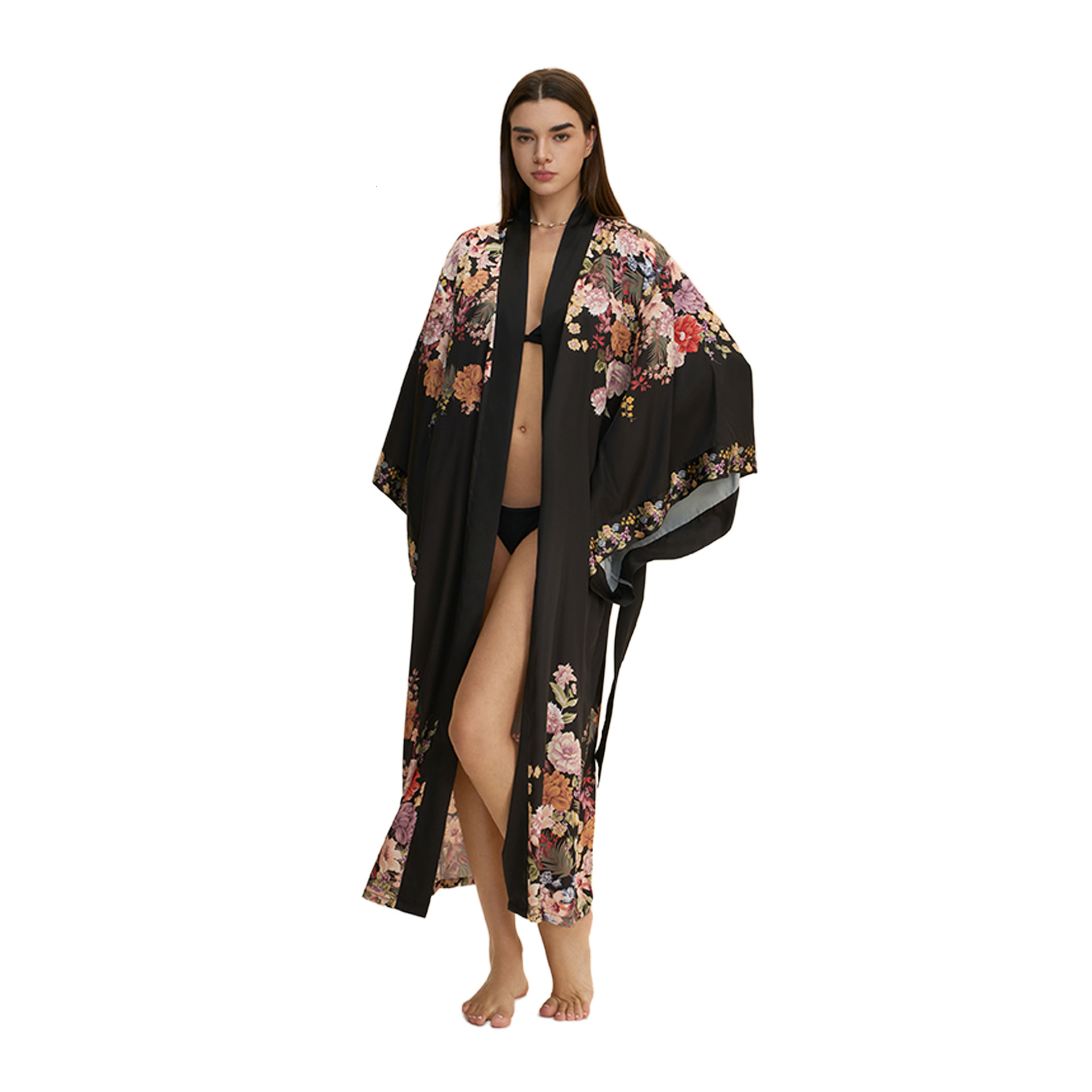 Bathrobe Women Nightgown Designer V Neck With Shoulder Print Long Sleeve Nightdress Homewear For Spring Autumn New Satin Plus Size Black