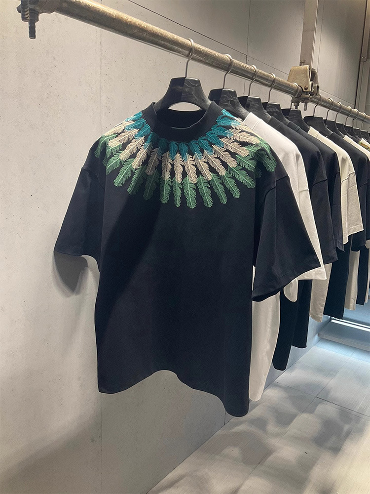 Luxury Brand Designer Summer New Trendy Brand Peacock Feather Heavy Craft Short Sleeve T-Shirt Men Light Luxury Trendy Round Neck Versatile Half Sleev