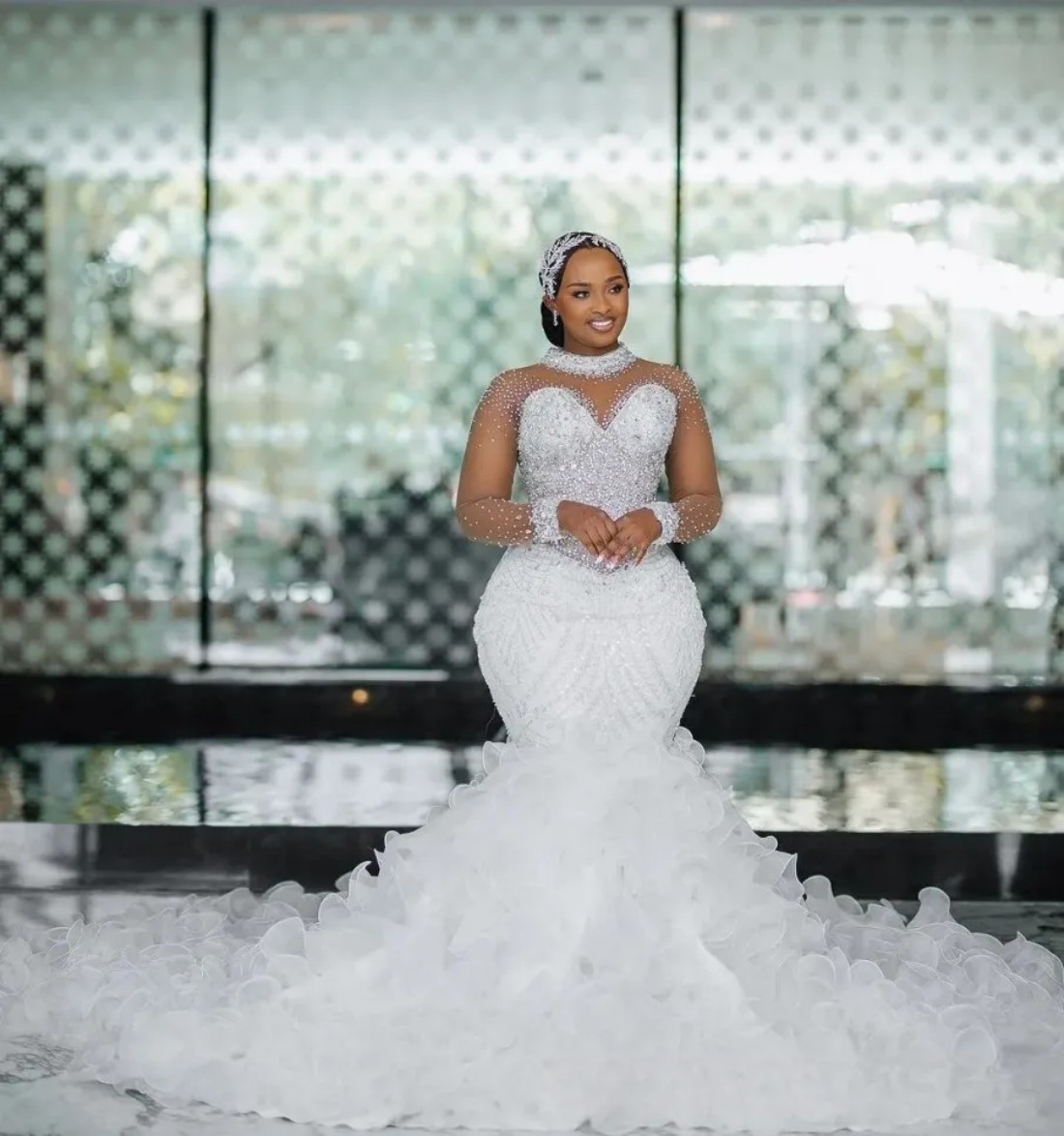 Plus Size Wedding Dresses Bridal Gowns Mermaid Bridal Gowns For Bride Long Sleeves High Neck Beaded Lace Crystals Ruffles Gowns For African Black