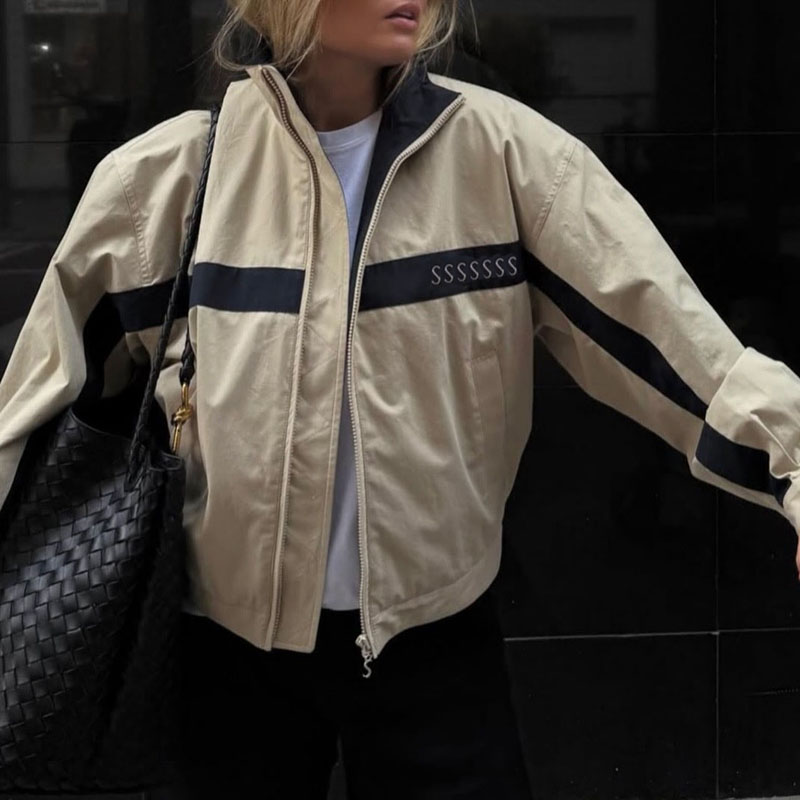 Spring Autumn Women Retro Jacket Stand Collar Zipper Running Coat Designer Travel Resort Outerwear