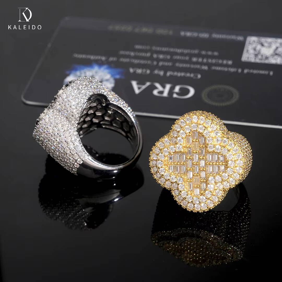 Kaleido Wholesale Hip Hop Jewelry 925 Sterling Silver Gold Plated Men Cuban 4 Four Leaf Clover Rings Vvs Moissanite Iced Out