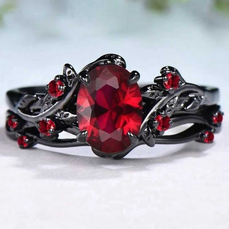 European and American New Retro Style Ruby Inlaid Gun Black Rose Branch Cross Womens Ring H260327
