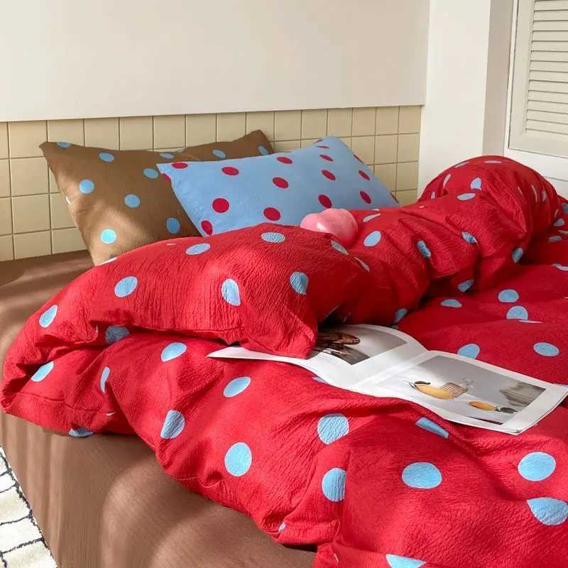 Polka Dot Bedding Set Blue Red Dots With Pillowcases Fitted Sheet For Teen Girls Women Cozy Bedroom Decor Full Queen Size H260327