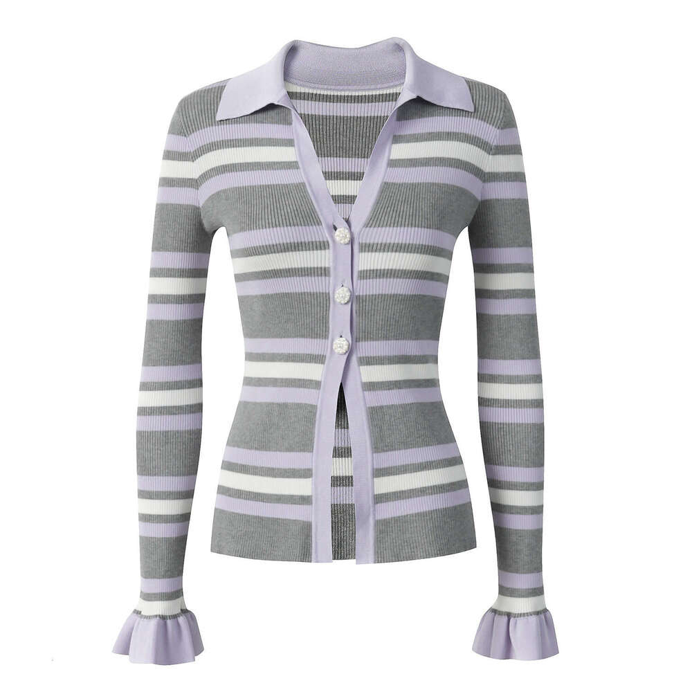 2026 Autumn New Designer Striped Color blocked Long Sleeve CC Bell V-neck D19 Three Button Split Knitted Women's Sweater Top