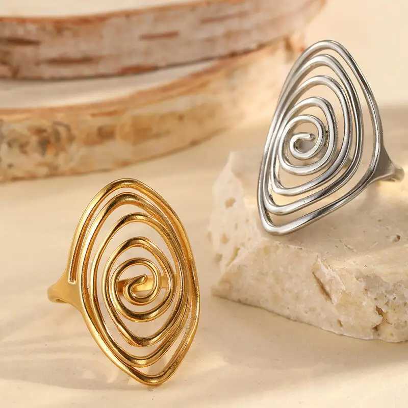 Stainless Steel Geometric Spiral Line Open Ring for Women Men Boho Exggerated Adjustable Oval Large Ring Holiday Jewelry Gifts H260327