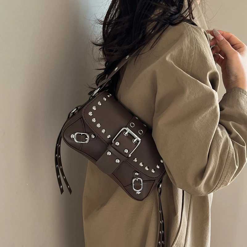 SHELKSBAG Y2k Rivet Design Shoulder Bags for Women Hot Cool Girls PU Leather Underarm Bag Vintage Female Phone Handbags Purse C260327