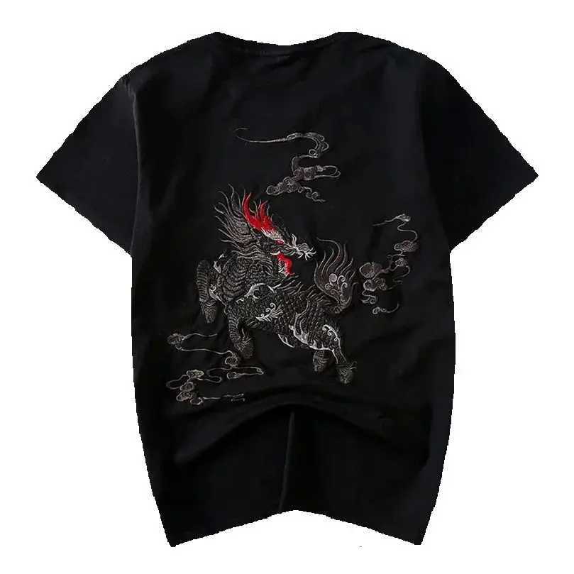 Cartoon Embroidery Tshirt Men Sukajan Summer Luxury Qilin Hip Hop Knit Oversize Short Sleeve T Shirt Kylin Cotton Man Clothing C260326