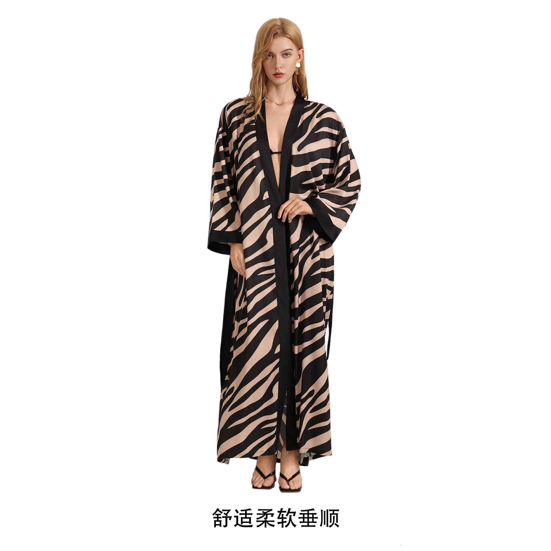 Pajama Robe European American Chiffon Women Pajamas Autumn Long Sleeve Zebra Pattern Breathable Single Robe Loungewear For Women