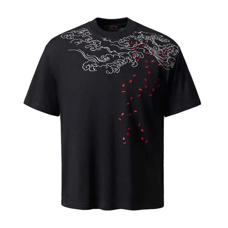 Mens T Shirt Harajuku Chinese Style Streetwear Flying Dragon Heavy Embroidery Cotton Tee Drop Shoulder Loose Fit Short Summer C260326