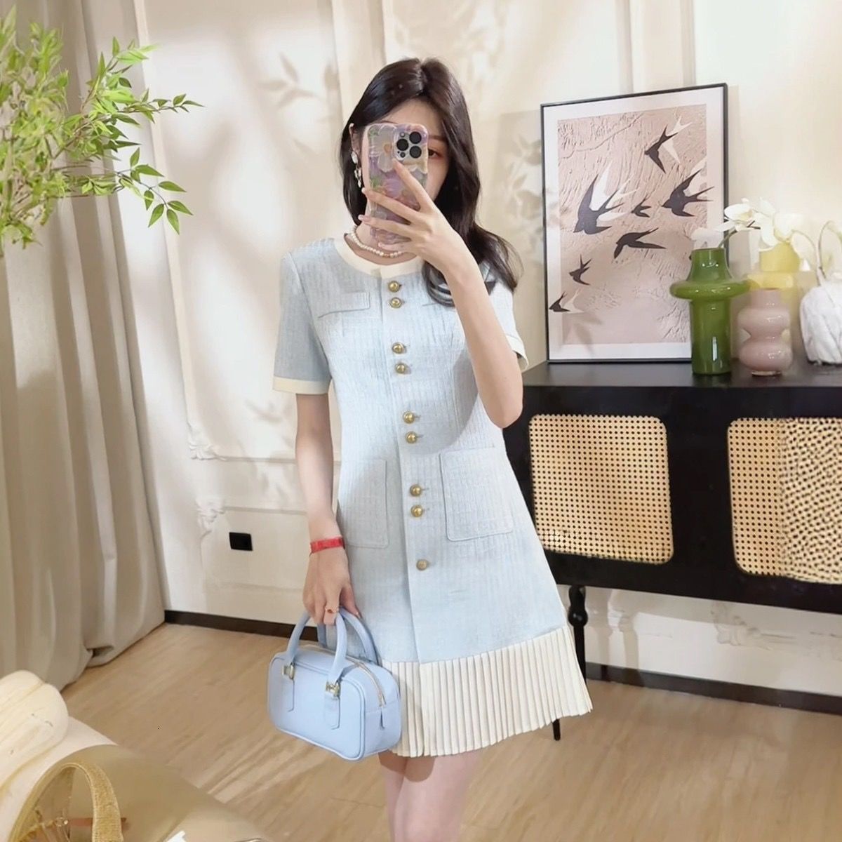 Womens Casual Dresses Woman Clothing French Style Dresses Short Sleeve Summer Dress Blue Tweed Elegant Luxurious Mid-Length Dress Designer Lady Casual