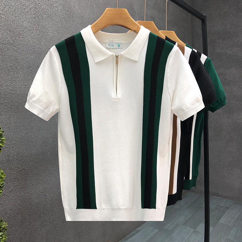 Luxury Brand Designer Summer Korean-style youth casual ice silk slim-fit men vertical striped turn-down collar knitted short-sleeve T-shirt business p