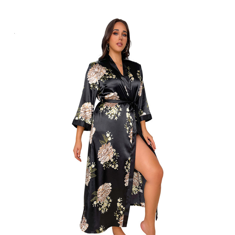 Bathrobe Women Plus Size Designer Fashion Casual Loose V Neck Floral Pattern Long Silk Like Tie Waist Sexy Sleepwear