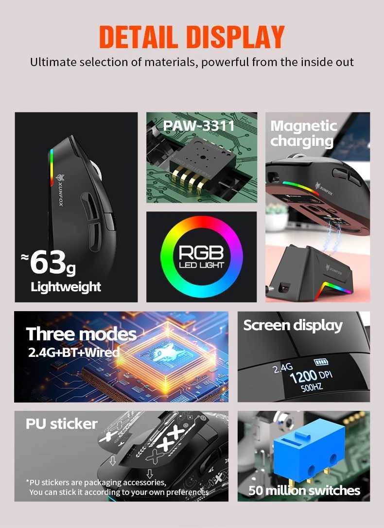 XunFox Wireless Gaming MouseLightweight Triple-Mode with RGB Charging BasePAW3311 Senser500mAh battery12000DPIMAX D260327