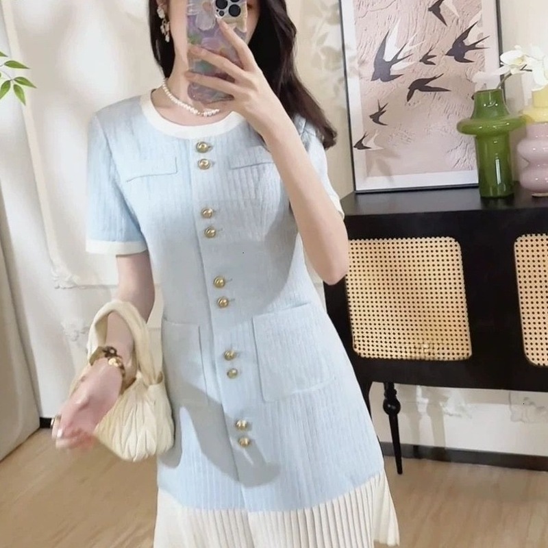 Womens Casual Dresses Woman Clothing French Style Dresses Short Sleeve Summer Dress Blue Tweed Elegant Luxurious Mid-Length Dress Designer Lady Casual