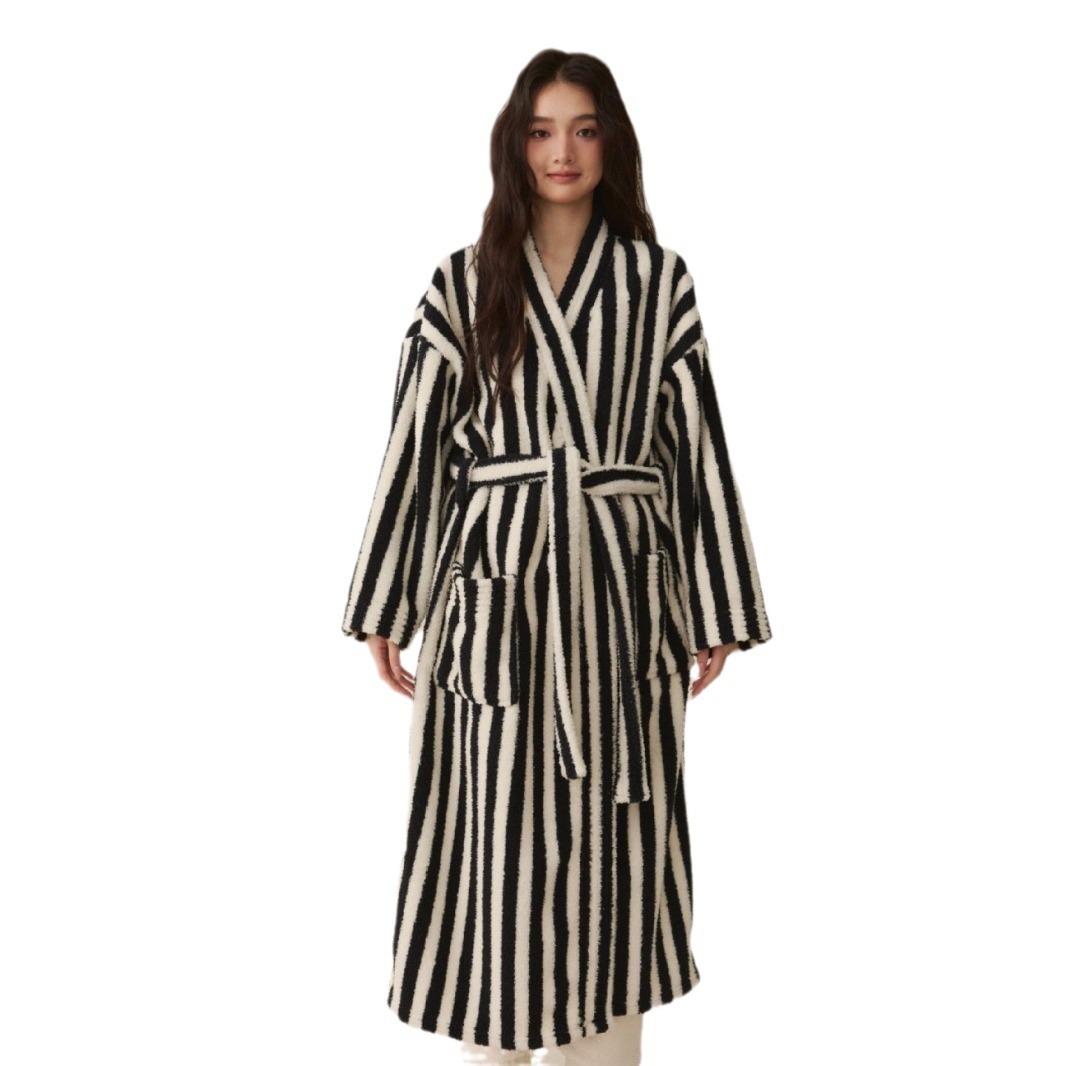 Pajama Robe Winter Women Pajamas Half Velvet Black White Zebra Pattern Long Thick Robe Coral Fleece Set Spring Autumn Morning Bathrobe
