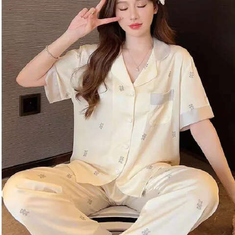 Spring new women's pajamas, elegant floral short-sleeve set, popular online, made of ice silk, can be worn outside, home wear, peony flower, ligh