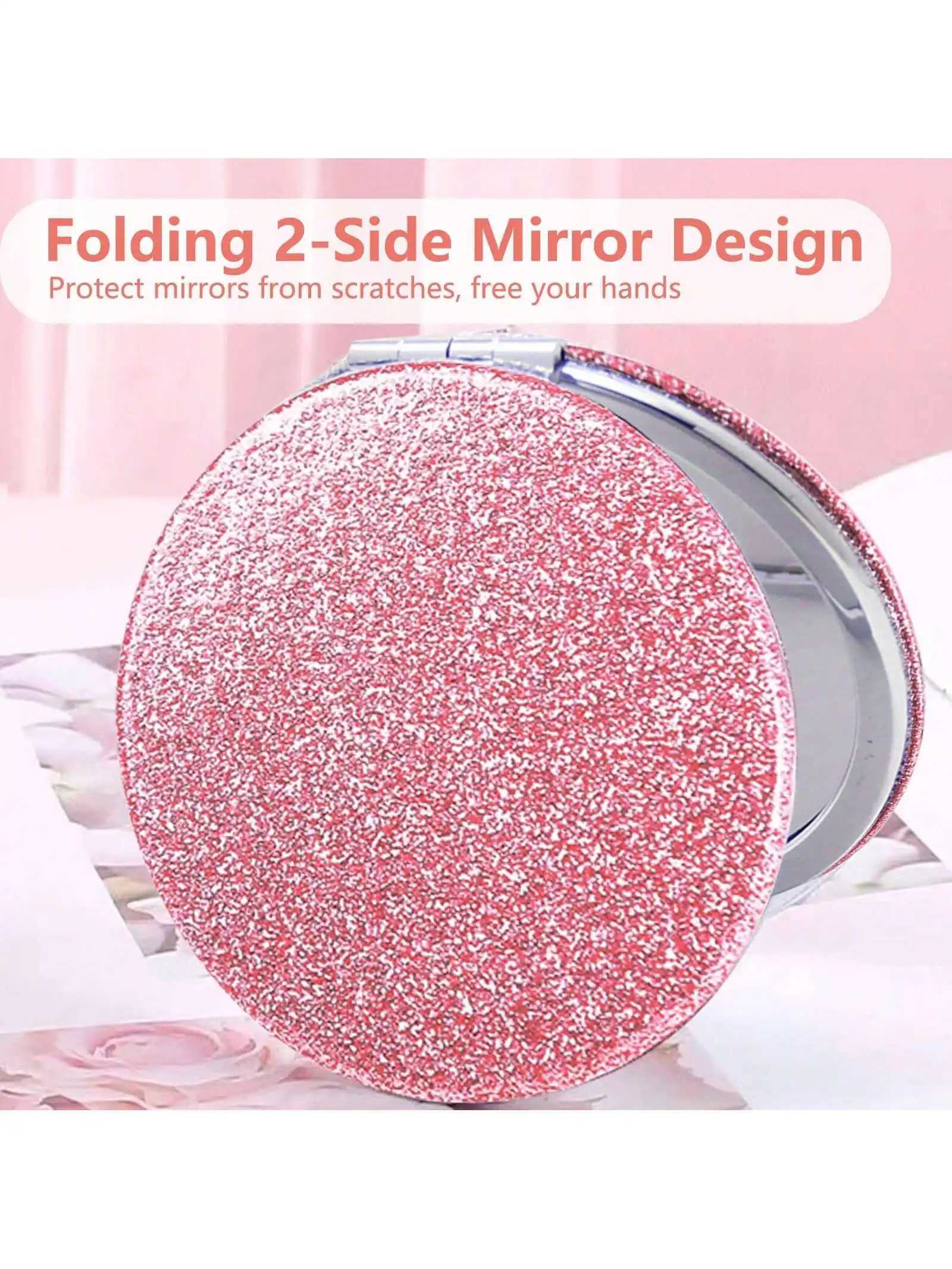 Large Round 72mm Pink Glitter PU Leather Makeup Mirror Folding Pocket Mirror Portable DIY Creative Metal Mini Hand Mirror for Wo H260327