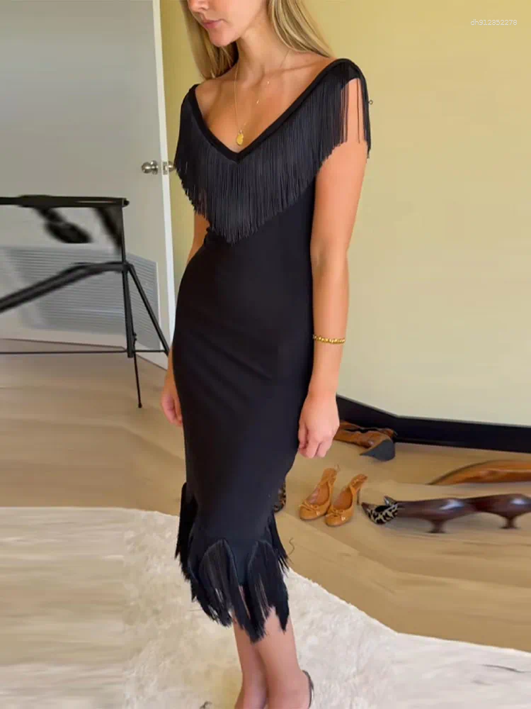 Casual Dresses Women's Tassel Solid Slim Mini & Maxi Dress Elegant Off Shoulder V-neck Sleeveless Vestidos Lady 2026 Summer Chic Party