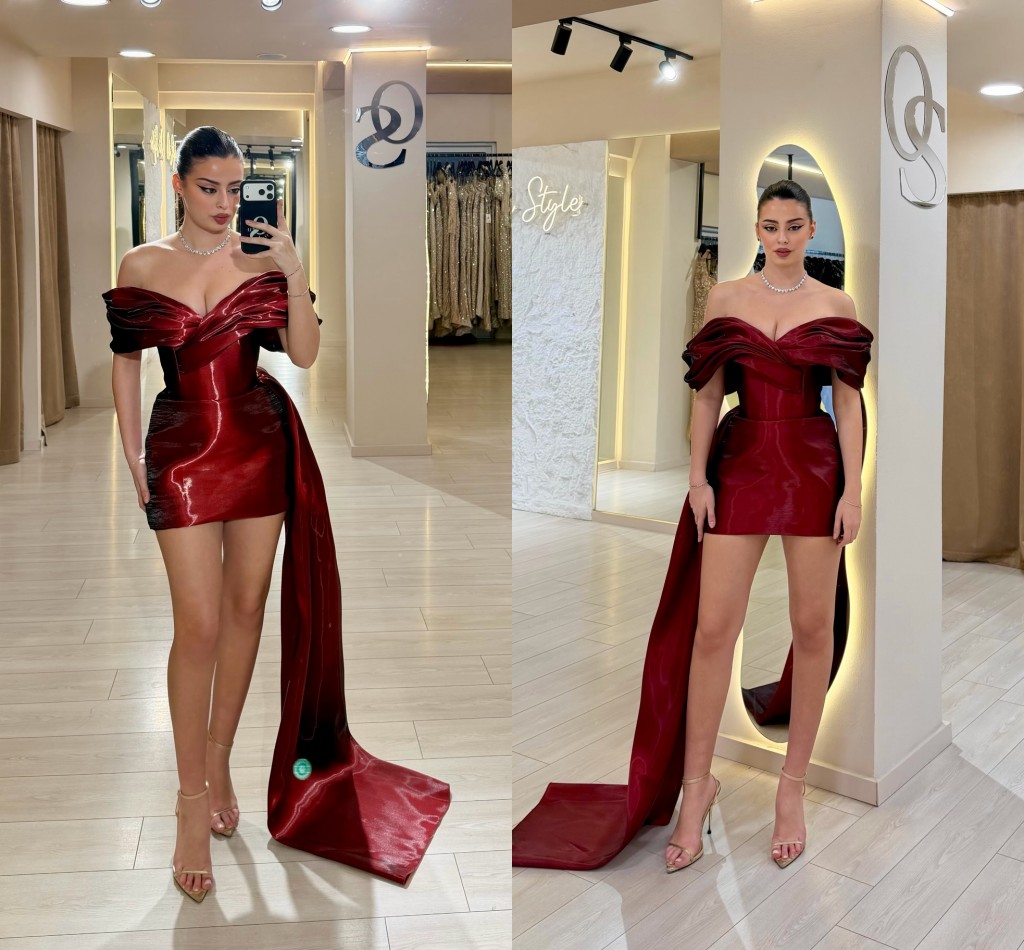 2026 Customized Burgundy Glossy Cocktail Party Dresses For Arabic Women Sexy Off The Shoulder Pleats Mini Style Short Prom Party Gowns Sexy Night Club Wear LG1118