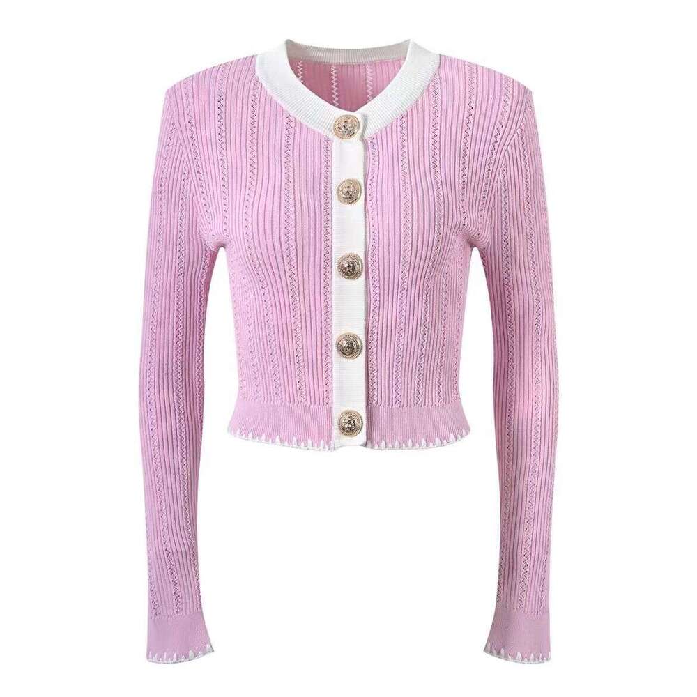 2026 early spring new designer elegant round neck CC contrasting hem lace c1 trimmed slim knit cardigan top