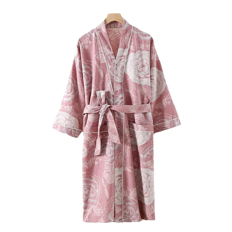 Bathrobe Women Designer Camellia Print Double Layer Cotton Jacquard Japanese Kimono Tie Waist Plus Size Sleepwear Loungewear