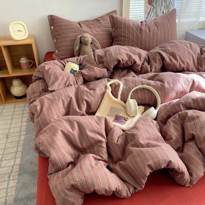 Winter New Years Plaid Stripe Double Flower Cloud Kapok Four-Piece Set Button Dormitory Bedding Kit H260327