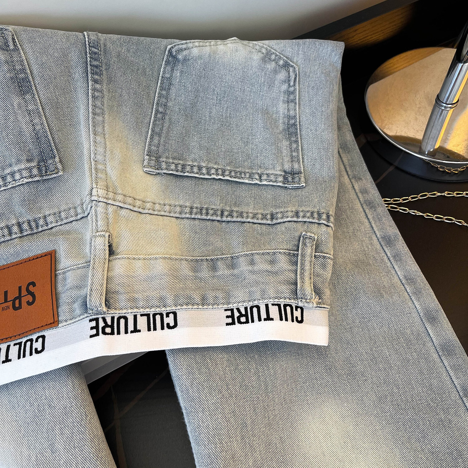 Luxury Brand Designer American retro patchwork distressed jeans for women new spring and autumn style light blue high-waisted slimming loose wide-leg 