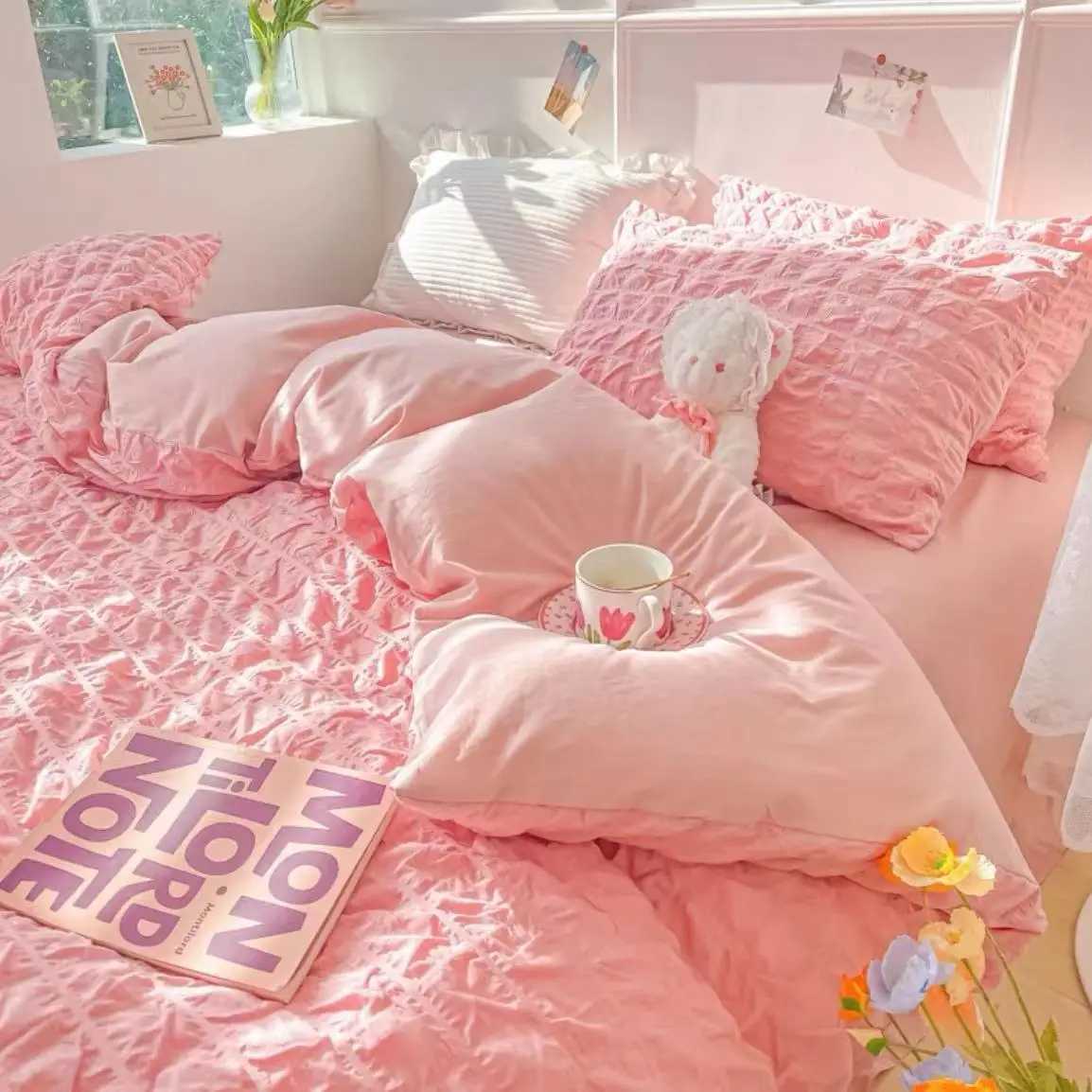 Princess Bedding Set French Style Wash Cotton Solid Color Seersucker Summer Soft 2024New Bed Sheet Set Comforter Set H260327