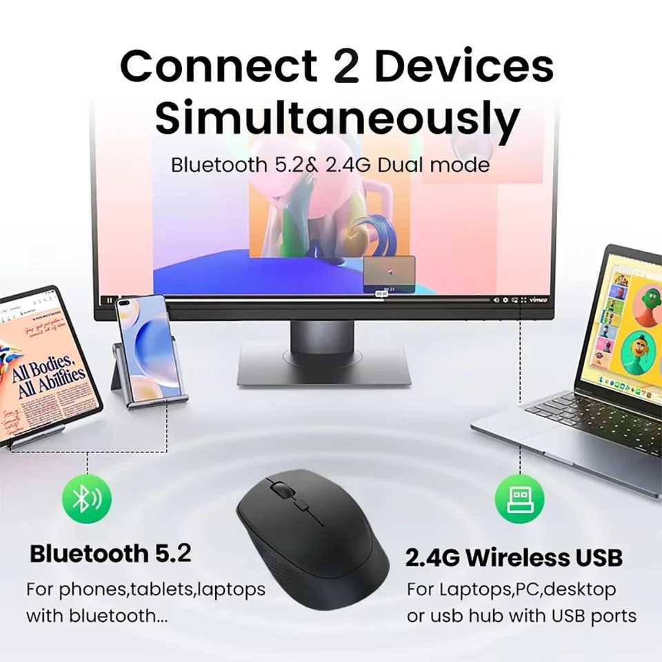 Bluetooth 52 Mouse 24G Wireless Mouse Dual-Mode Silent Mouse Rechargeable Gaming Mouse 1600DPI For Laptop Computer Win Mac OS D260327