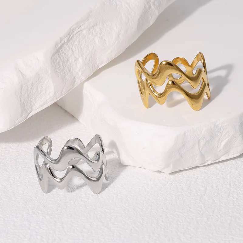 Stainless Steel Irregular Wave Rings for Women Men Creative Gold Color Adjustable Opening Rings Female Statement Jewelry Gifts H260327