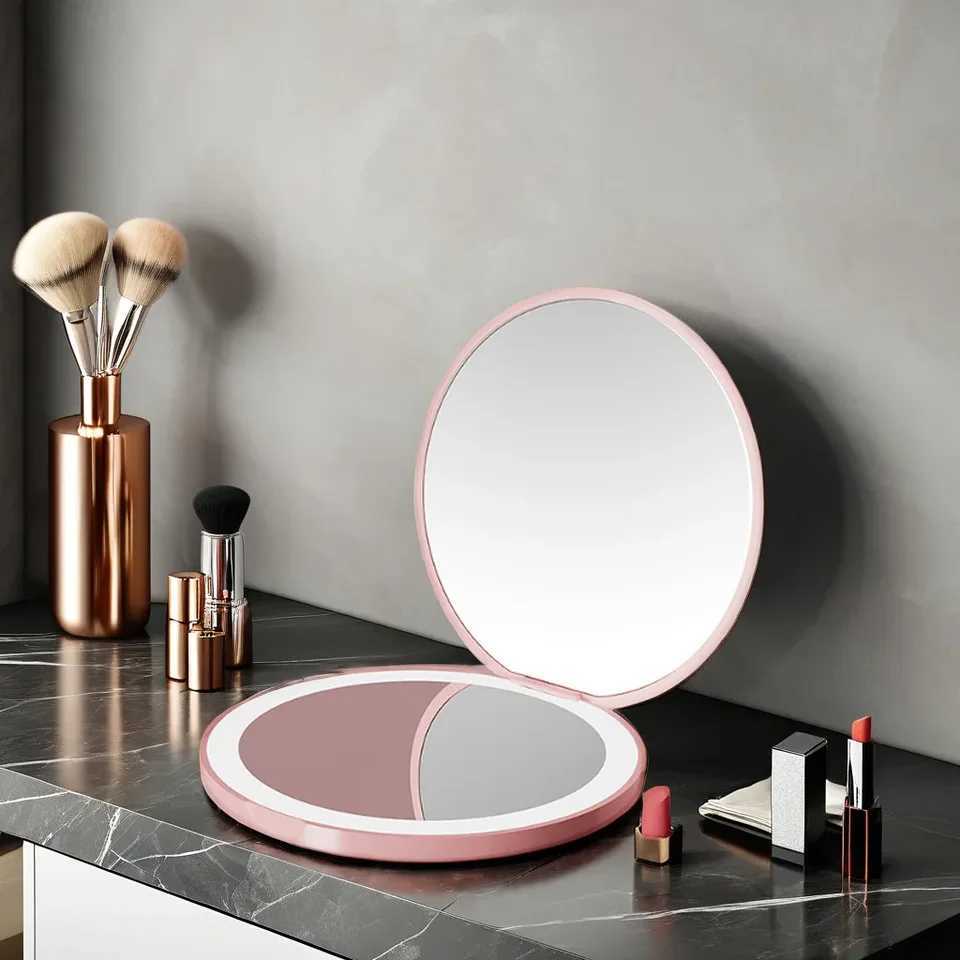 Travel Personalized Small LED Light Cosmetic 2 Side Folding Makeup Compact Pocket Mirror Women Luminous Effect Mini Mirror H260327