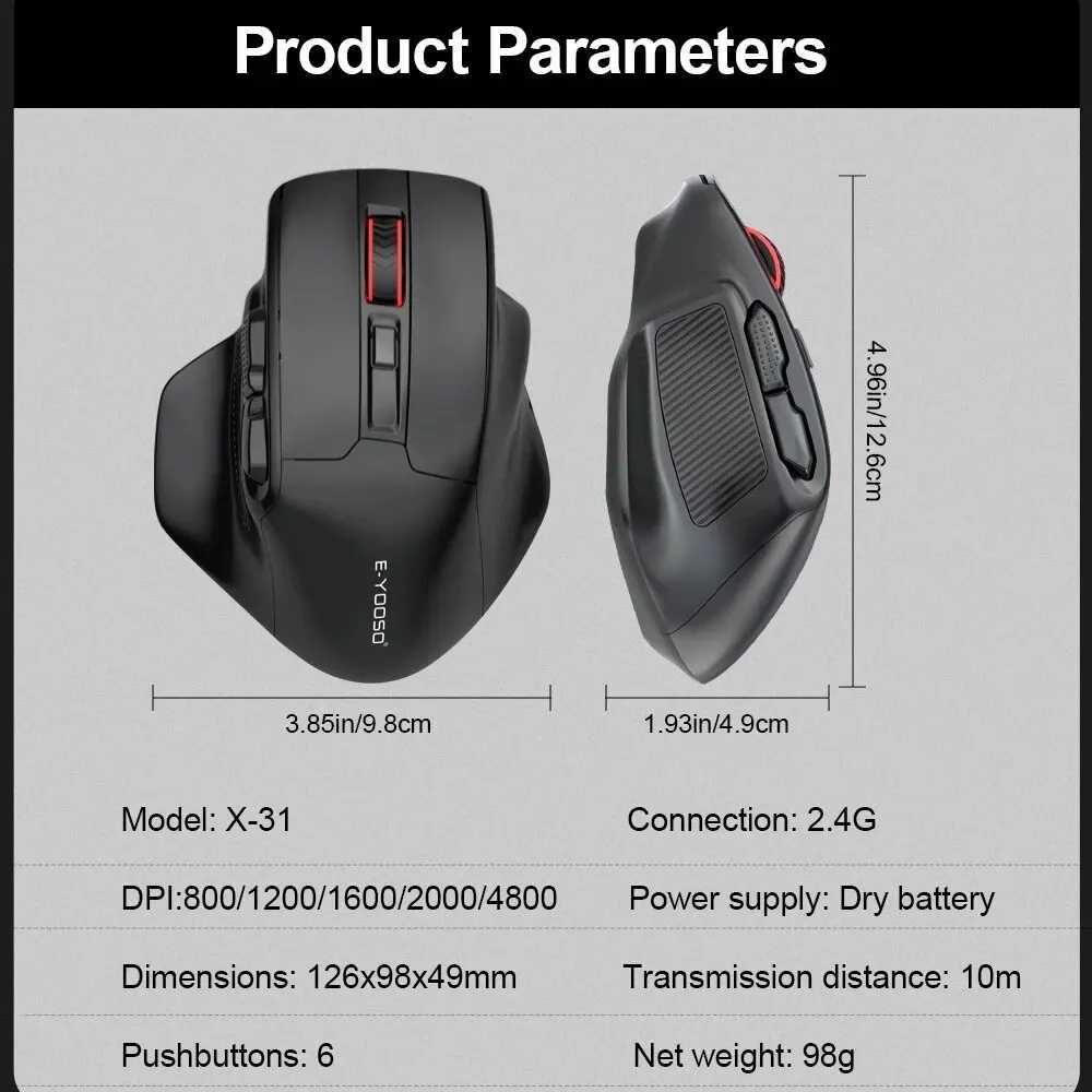 E-YOOSO X-31 USB 24G Wireless Gaming Large Mouse for Big Hands PAW3212 4800 DPI 5 Buttons for Gamer Mice Computer Laptop PC D260327