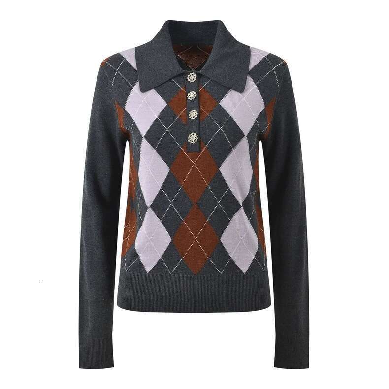 2026 CC autumn and winter new designer diamond pattern color D19 blocked college retro polo neck slim knit top